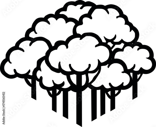 Vector art of stylized black and white illustration of a dense cluster of trees with thick trunks and fluffy canopies for a logo 
