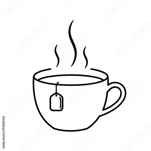 Tea cup with steam and teabag on white background  