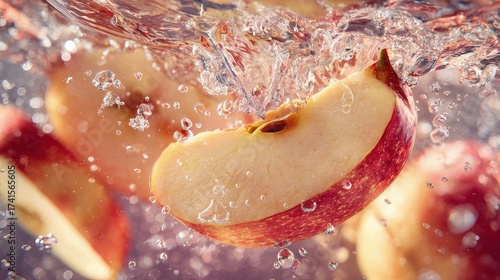 Fresh apple slices splashing water with bubbles cinematic freeze frame bright natural tones refreshing vitality composition