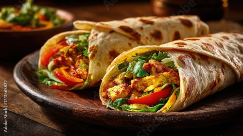 Fototapeta Naklejka Na Ścianę i Meble -  Vibrant Traditional Indian Food Kathi roll colorful spices fresh veggies wrapped in paratha rustic wooden table warm lighting appetizing close-up