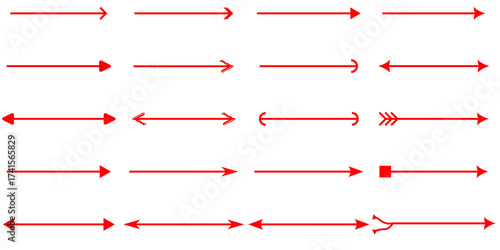 A collection of various red arrows pointing in different directions, some with unique arrowheads and double-headed designs, against a white background.