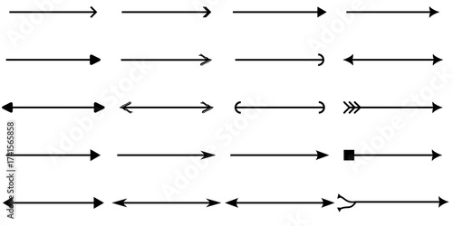 A collection of various horizontal arrow symbols with different heads and tails, including single, double, curved, feathered, and bidirectional designs.