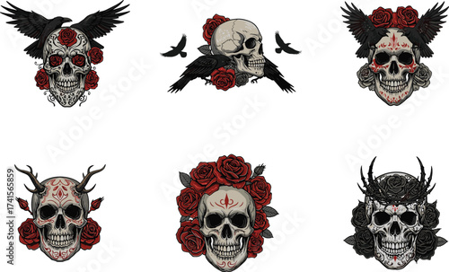 Skull and roses illustration, gothic tattoo design, dark horror art, crow antlers crown, death symbolism vector