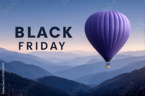 Colorful hot air balloon floats over misty mountains during early morning on a vibrant Black Friday