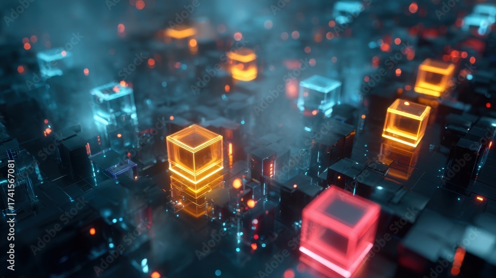 Fototapeta premium A computer generated image of a cityscape with many cubes of different colors. The cubes are lit up and appear to be glowing in the dark. Concept of technology and artificial intelligence
