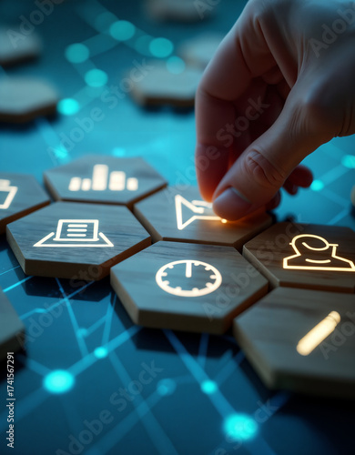 Hand Selecting Performance Analytics Icon on Digital Business Strategy Interface
