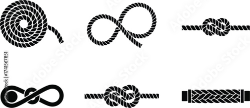 Clove hitch nautical knots, various rope elements and knots vector illustration. Rope knots, coiled rope, a Carrick bend knot, and a braided rope. Sailing knots ropes, sail knots tying ropes. 