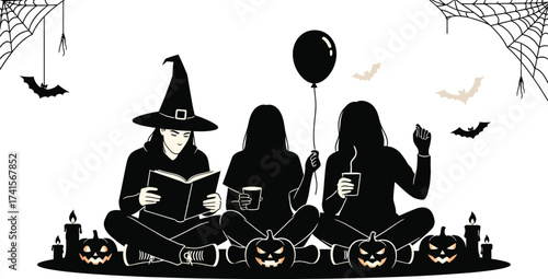 Halloween costume celebrant Halloween celebration. Witches with pumpkins icon vector silhouette. Spooky Halloween night story