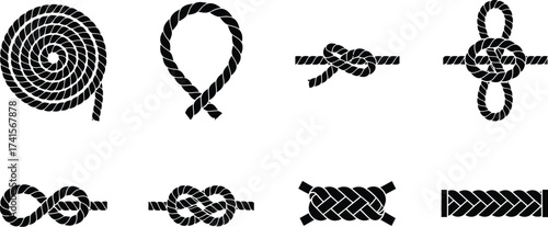 Clove hitch nautical knots, various rope elements and knots vector illustration. Rope knots, coiled rope, a Carrick bend knot, and a braided rope. Sailing knots ropes, sail knots tying ropes. 