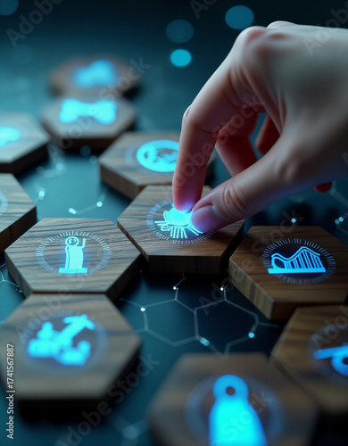 Human Hand Selecting Process Automation Icon on Digital Business Network Interface
