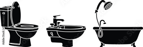 Bathroom convenience privies with sink bathtub, and water closet icons vector illustration 