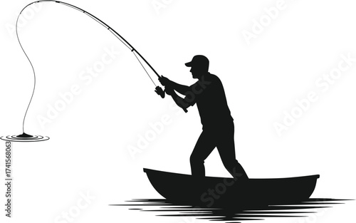 Silhouette of a man fishing with a  boat. Silhouette of a fisherman in the boat with fishing rod fishing in the water. Man fishing in the sea