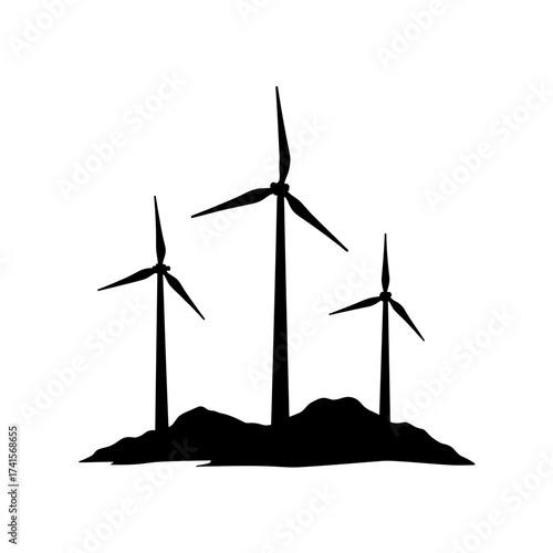 Wind turbines silhouette on white background