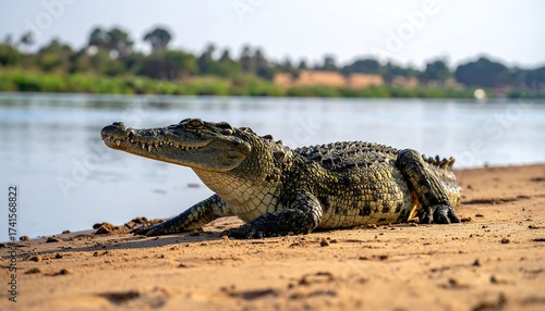 Croc basking on riverbank