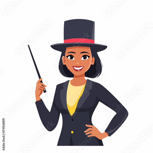 Female magician with top hat and wand with transparent background