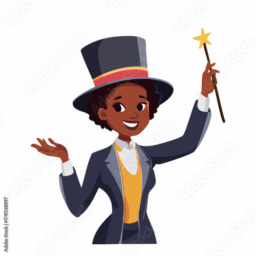 Magician woman with top hat and wand with transparent background