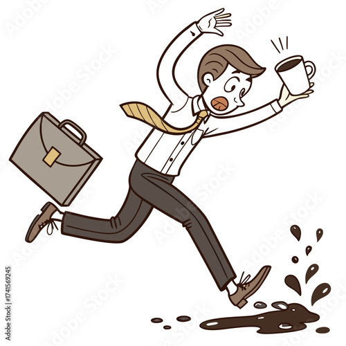 Businessman running late for work and spilling coffee