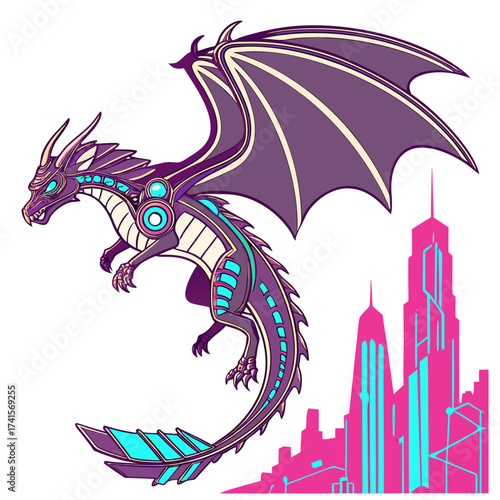 Futuristic dragon flying over a city for design
