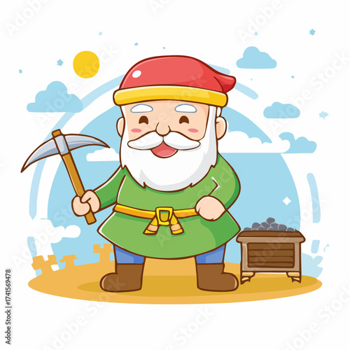Smiling dwarf miner with pickaxe and coal