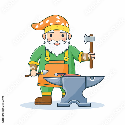Friendly dwarf blacksmith working with anvil