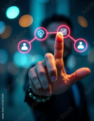 Finger Selecting User Connection Icons on Digital Social and Business Network Interface
