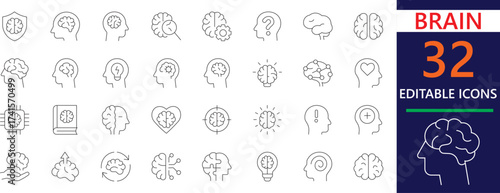 A creative editable thin line icon set representing the brain, intelligence, and mental concepts. Perfect for apps, websites, presentations, and stock platforms needing clear mind-related visuals.
