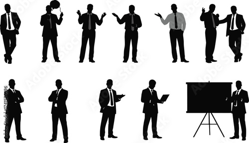Businessman silhouette set, corporate people in suit, office presentation and discussion poses, professional team vector illustration for business and leadership design