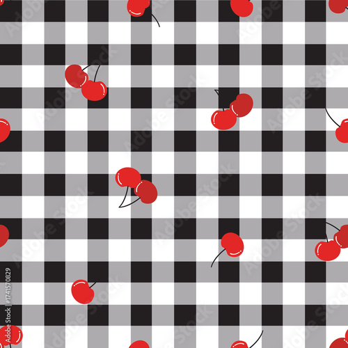 Cherries on Black and White Gingham