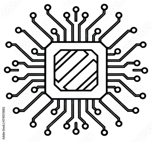Stylized microprocessor icon with radiating circuit lines symbolizing computing power, digital innovation, and technological advancement