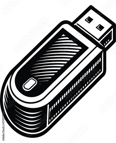 Black and white illustration of a universal serial bus flash drive, a portable memory device for digital data storage, efficient file transfer, and secure information