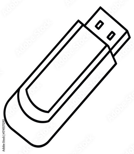 Outline icon of a portable USB flash drive, a digital memory stick for computer data transfer and storage. Simple black and white line art illustration