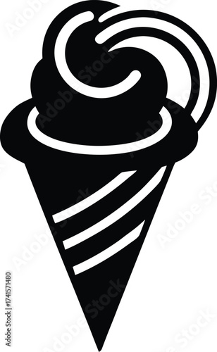 A sweet, cold ice cream cone vector illustration of a delicious dessert snack, featuring strawberry, chocolate, and vanilla flavors