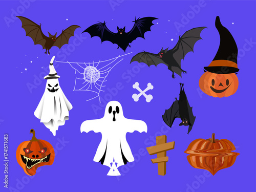 Assorted Spooky Halloween Elements Collection. A fun and spooky collection of assorted Halloween elements on a vibrant purple background. 