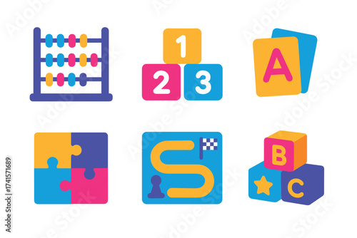 Colorful educational toys for early learning: abacus, blocks, puzzle pieces, and cards
