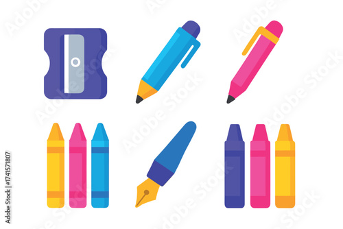 Colorful writing and drawing tools set with crayons, pens, and sharpener