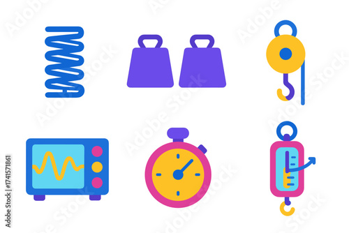Colorful science equipment icons: spring, weights, pulley, oscilloscope, stopwatch, dynamometer
