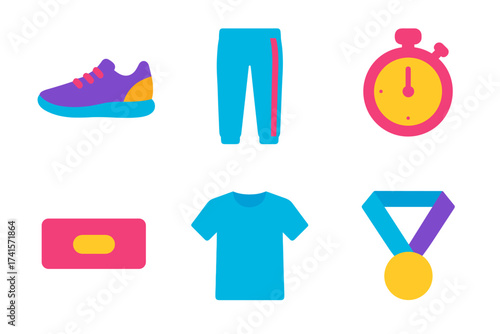 Colorful sports icons: shoe, stopwatch, medal, t-shirt, sweatpants, wristband