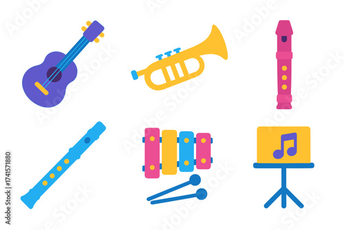 Colorful musical instruments set with guitar, trumpet, recorder, flute, xylophone, music stand