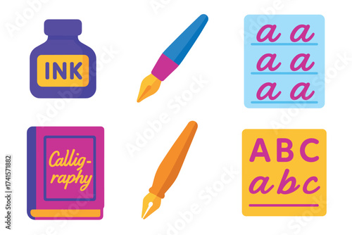 Colorful calligraphy set: ink bottle, pens, and alphabet practice cards