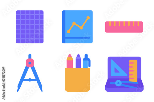 Colorful school supplies icons including ruler, compass, and notebook with graph