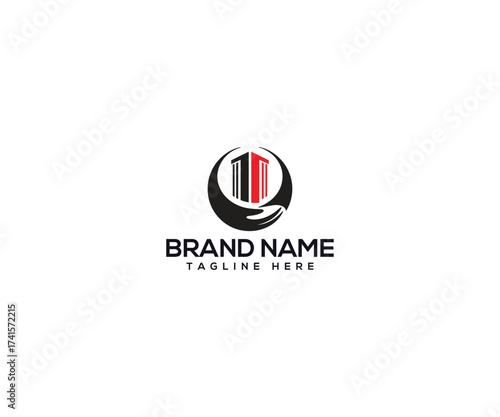Architectural Shield: A stylized logo presenting a building structure embraced within a protective emblem, ideal for companies in the real estate and construction sectors. 