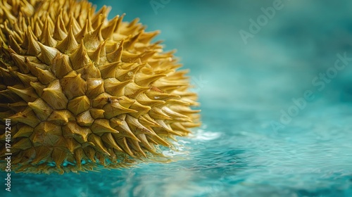Golden-yellow fleshy durian submerging into turquoise water close-up detail natures beauty