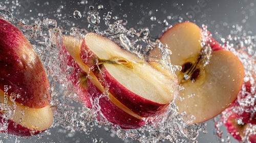 Top-down view of apple slices splashing water energetic burst clear liquid explosion professional studio lighting refreshing beverage concept