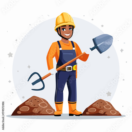 Miner with shovel and pickaxe standing on earth