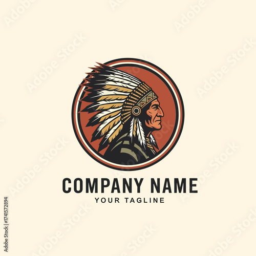 Vintage logo featuring a detailed illustration of a Native American chief in profile, within a circular frame.