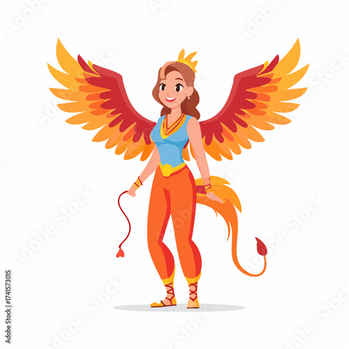 Mythical woman with phoenix wings and tail with transparent background