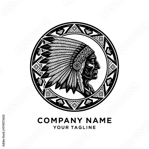 Black and white illustration of a Native American chief's profile within a circular tribal frame.