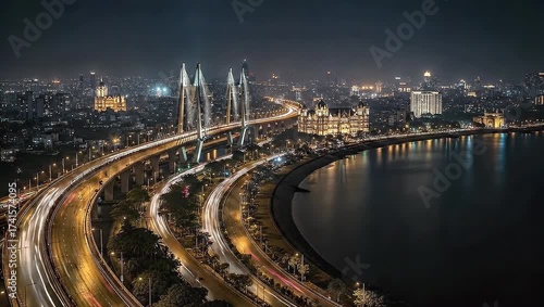 Illuminated Cityscape At Night Showing Coastal Road and City Lights with Long Exposure View Mumbai India