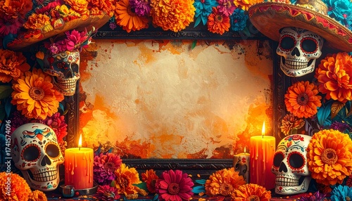 Marco fotográfico inspirado en la Calavera Catrina y el Día de los Muertos. Fondo con colores festivos y vibrantes. Decoraciones con flores de cempasúchil, velas, papel picado y calaveras estilizadas 