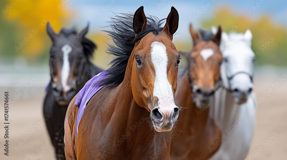 Obraz premium Group of horses are running in a race, with one of them wearing a purple ribbon. The horses are all brown and white, and they are all running at different speeds. Scene is energetic and exciting